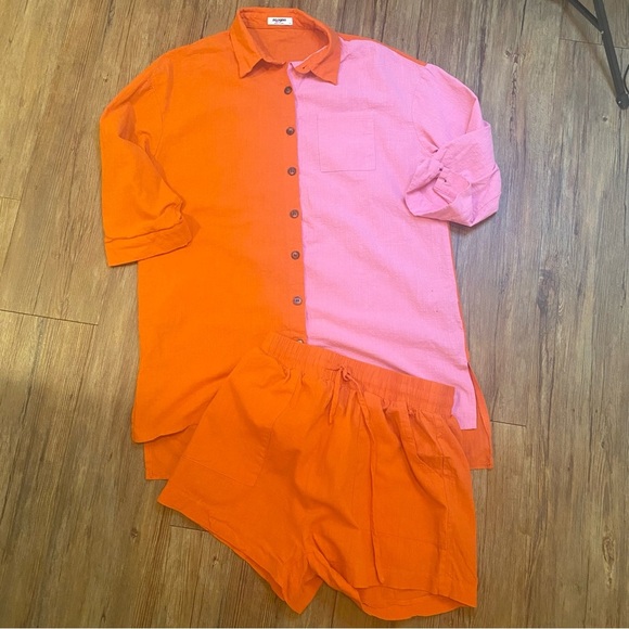 Zeagoo color block Orange and Pink Women’s Linen Shor Set (Size M) - Picture 1 of 5
